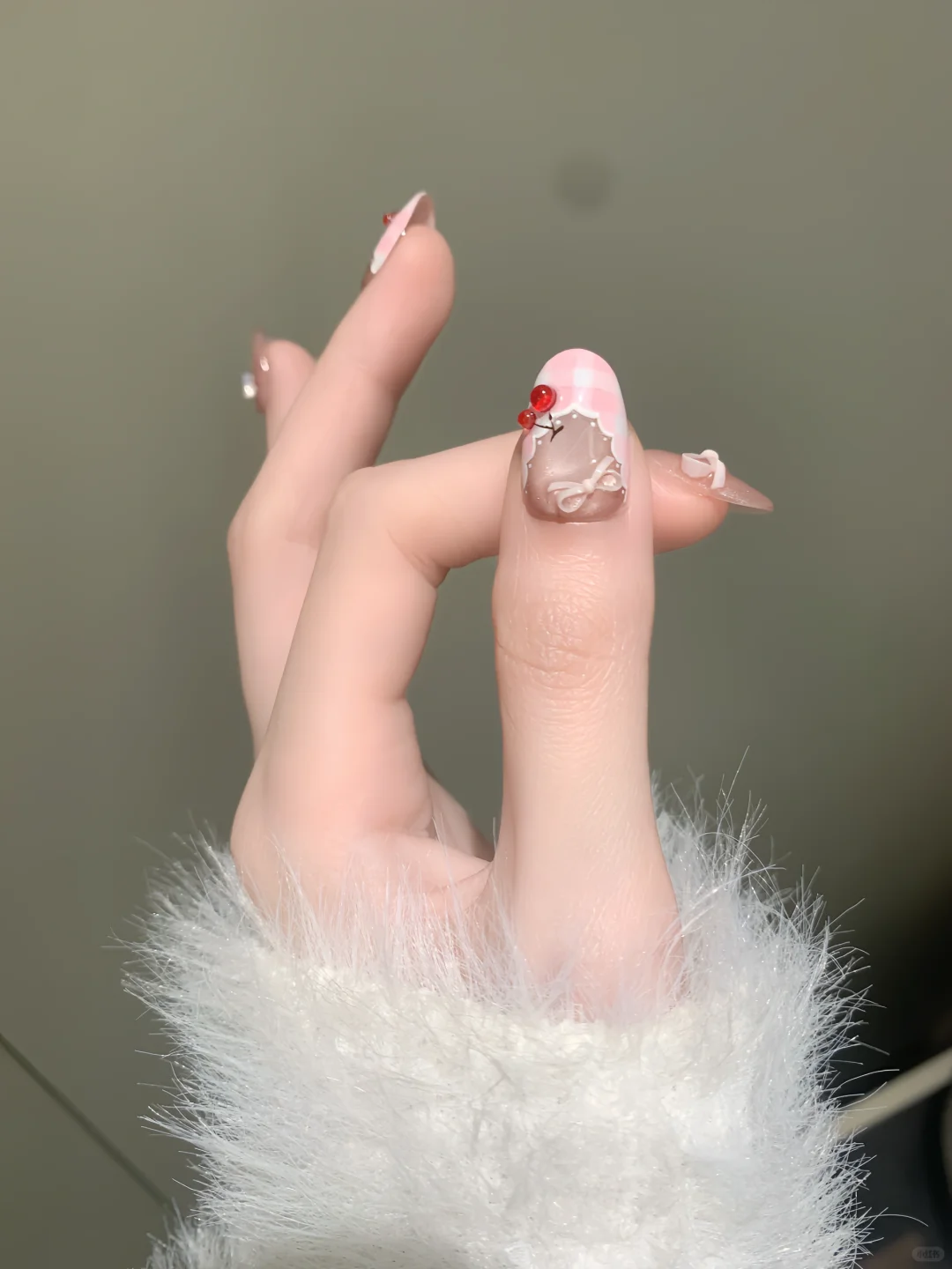 格纹粉樱桃🍒甜妹蝴蝶结美甲