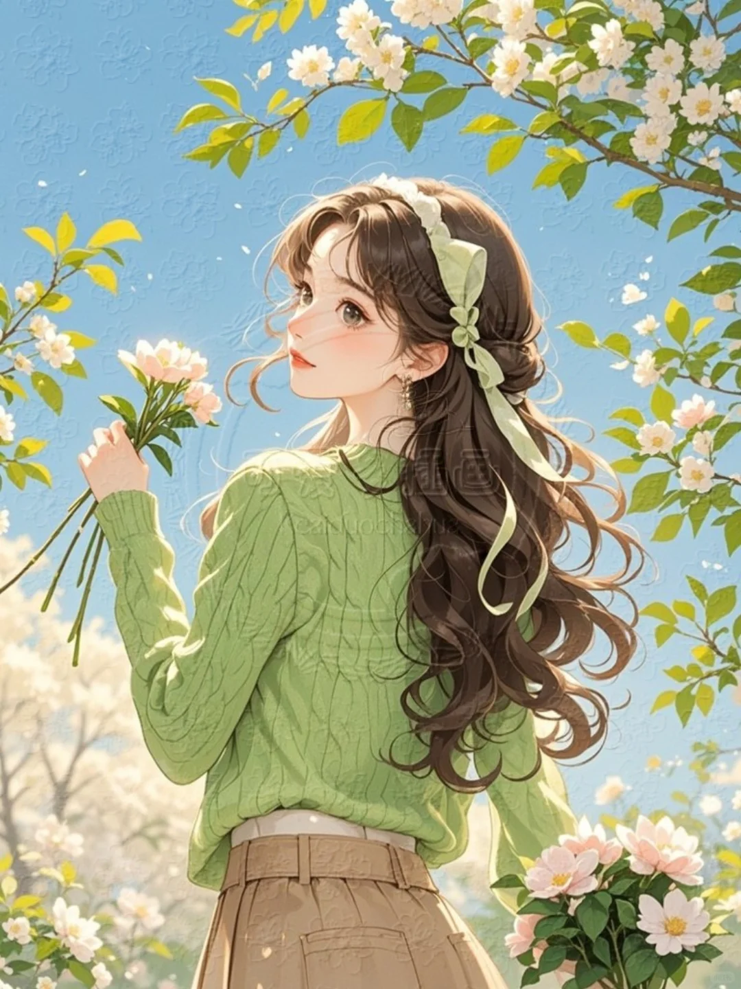 可爱卡通文创女孩唯美背影比耶治愈插画素材