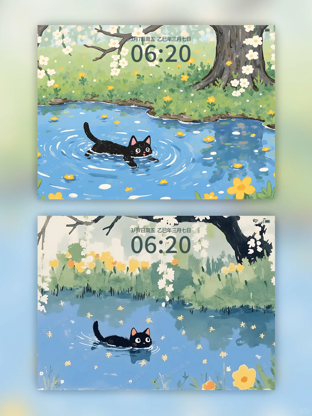 平板壁纸｜小黑猫的水中冒险｜猫咪壁纸