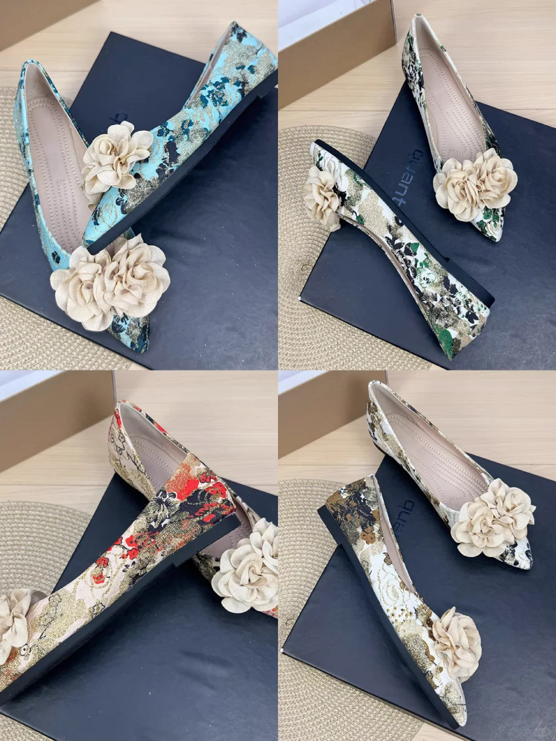 尖头单鞋女复古法式山茶花平底浅口船鞋花朵