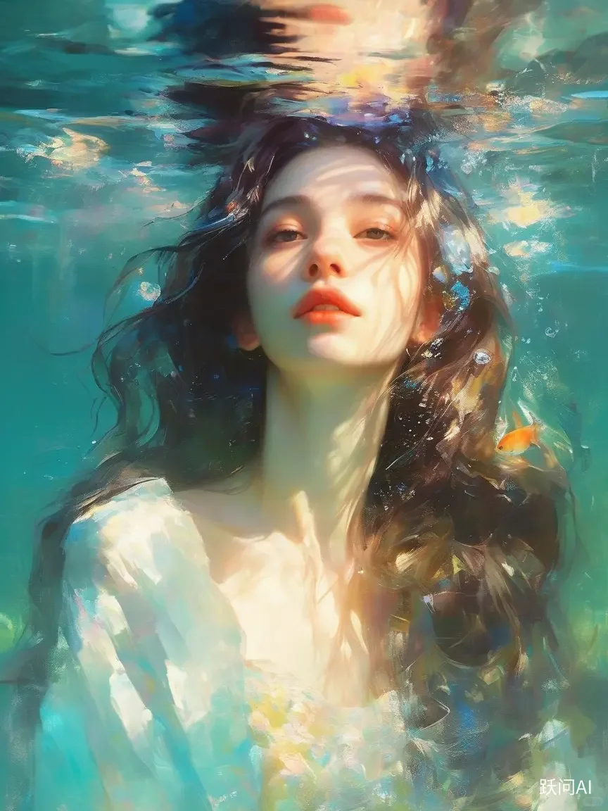 AI油画风｜水中的美丽女孩