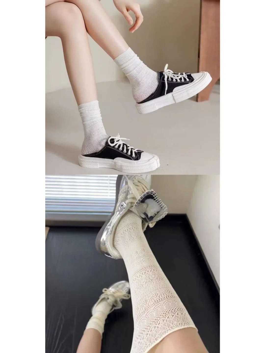夏季薄款纯色缕空微透袜子女高筒袜及膝蕾丝