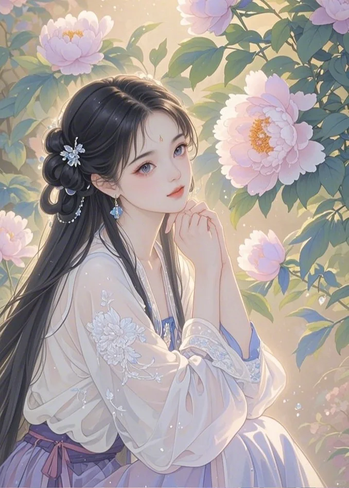 佳人素衣立花旁， 手拈红蕊韵含香。