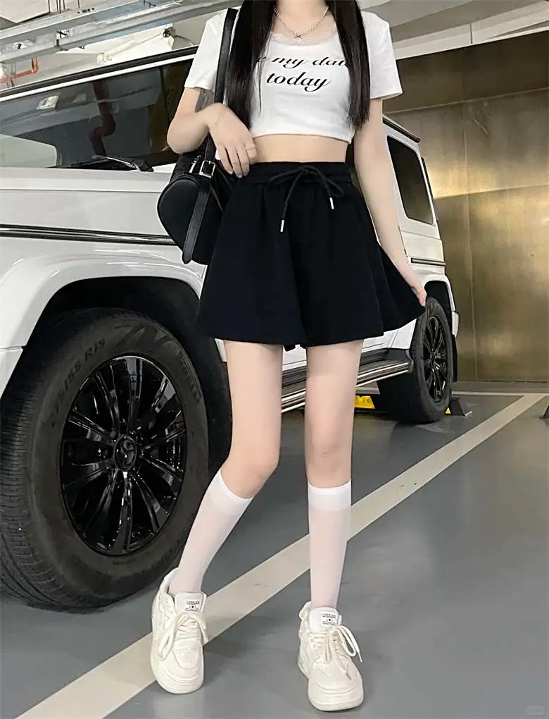 抽绳松紧高腰阔腿休闲短裤女夏季韩版百搭宽