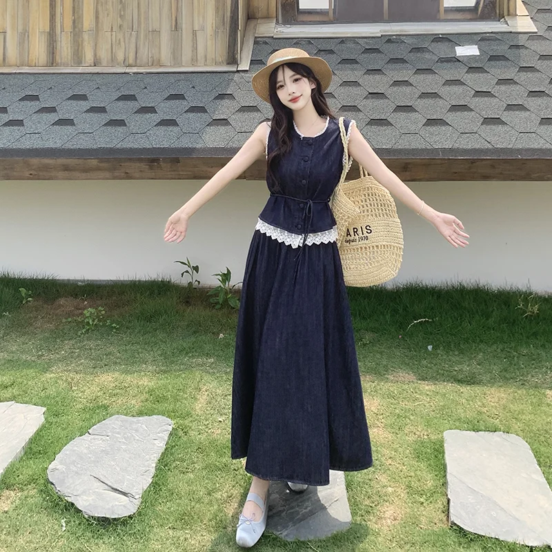大码牛仔休闲套装女夏季新款微胖蕾丝拼接马