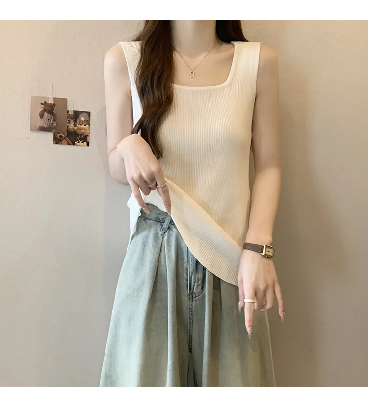 大码胖mm百搭纯色U领冰丝针织背心吊带女