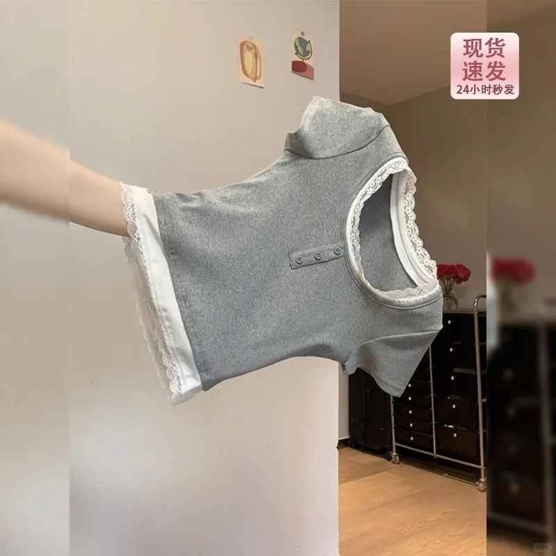 甜辣妹bm风灰色蕾丝边短袖t恤女夏季20
