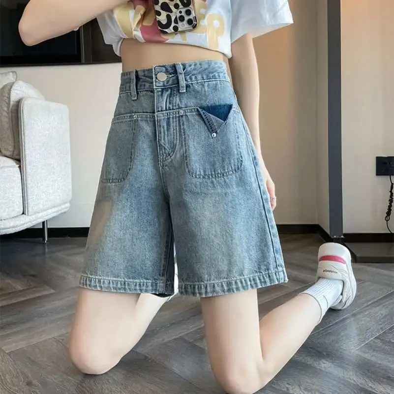 浅蓝色牛仔裤女夏季直筒五分裤腿粗裤子高腰