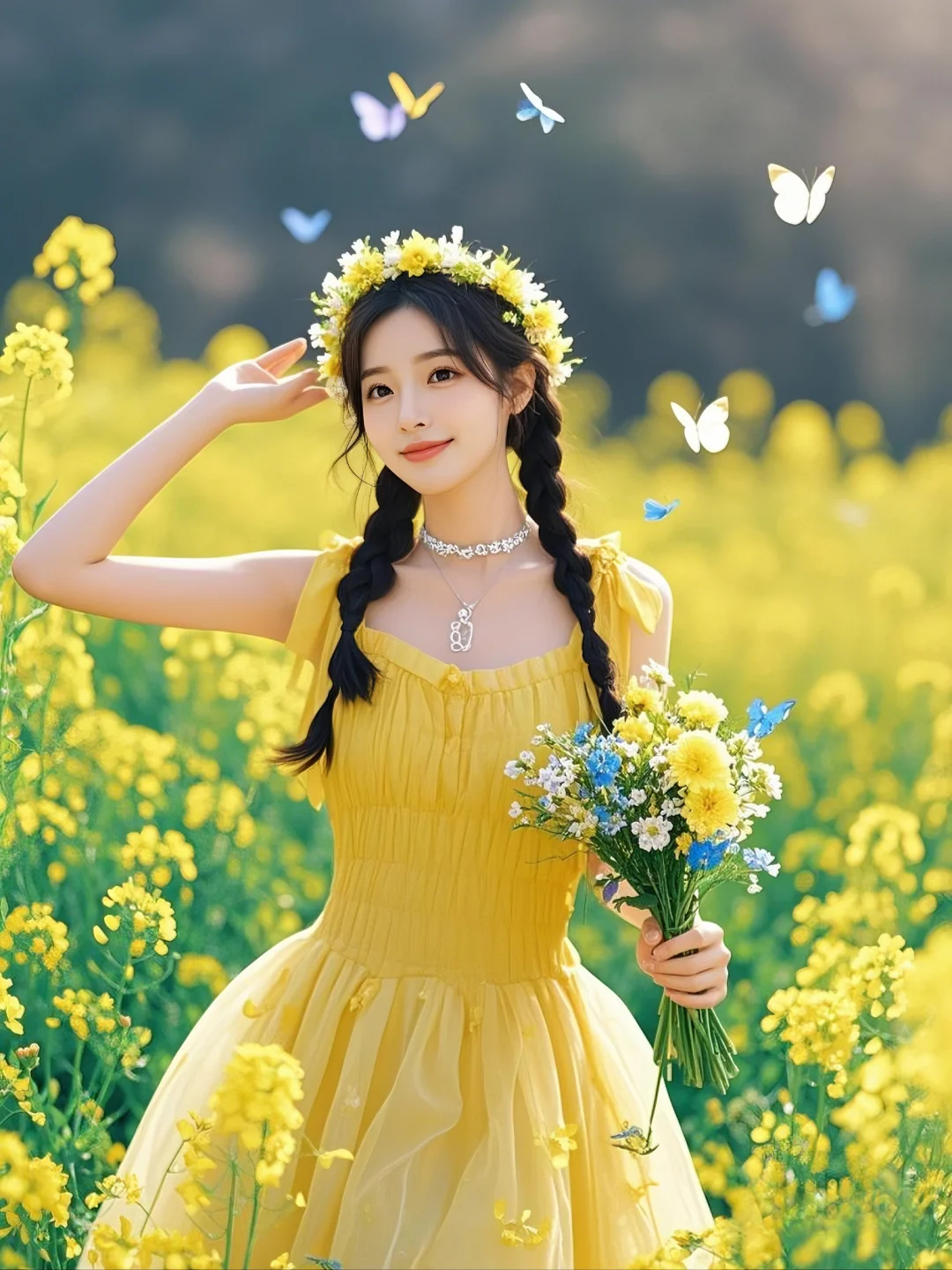 美女和油菜花