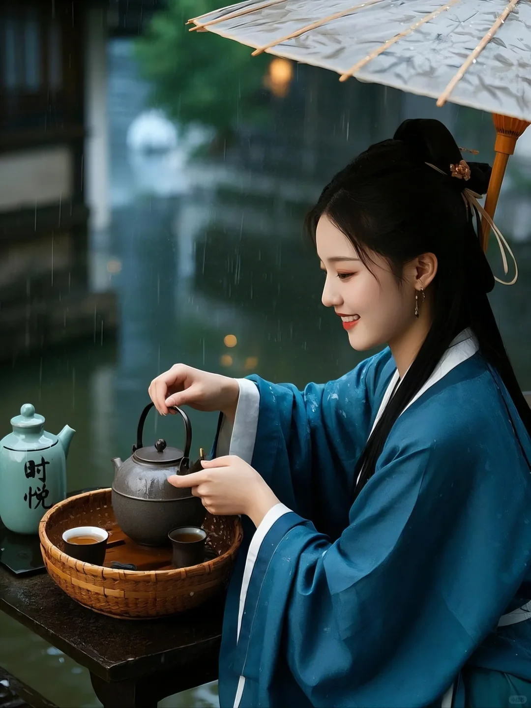 月下美人，清冷感汉服与现代茶具的绝美碰撞