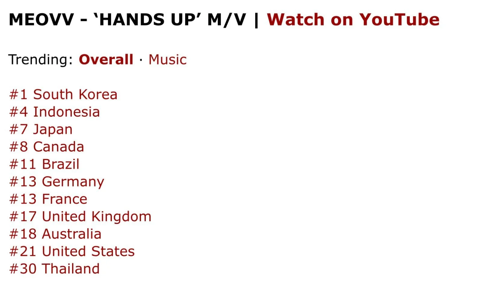 Hands up MV YTB MV趋势榜