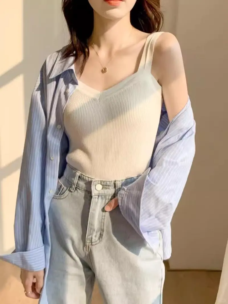 秋冬季螺纹针织吊带女韩系U领防走光无袖背