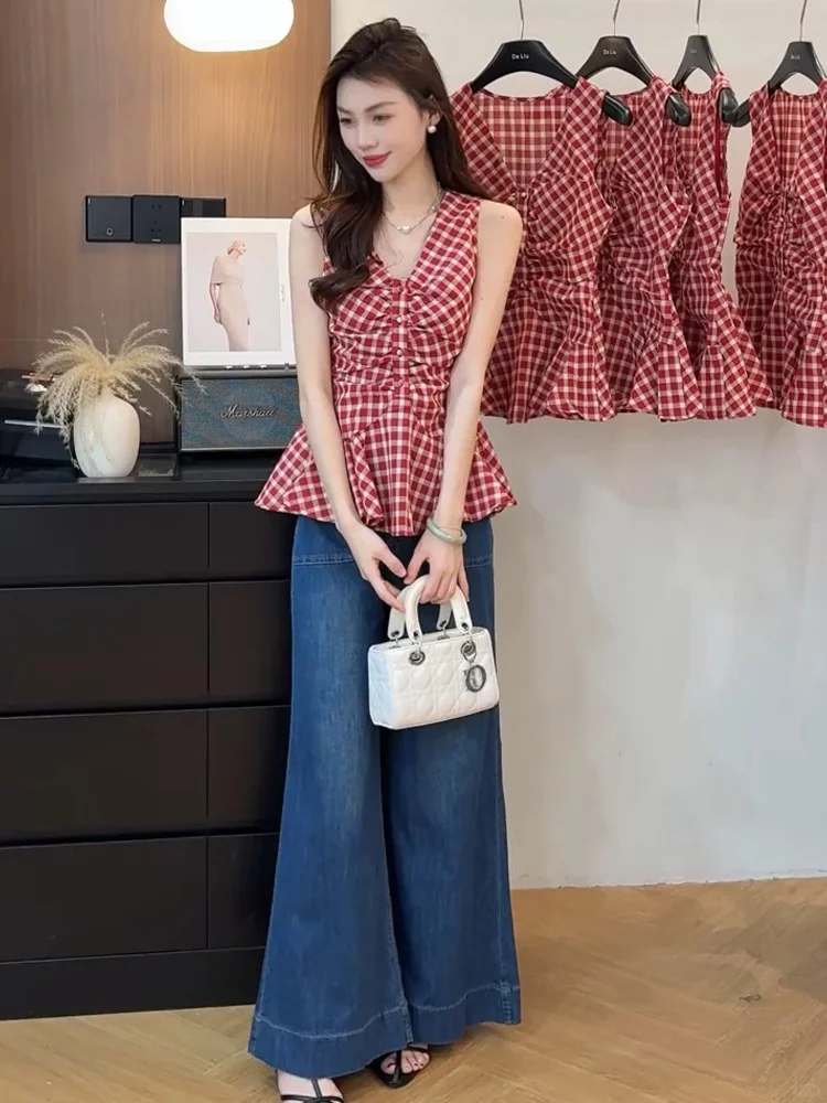 甜辣妹红色格子吊带背心女夏季小众设计感修