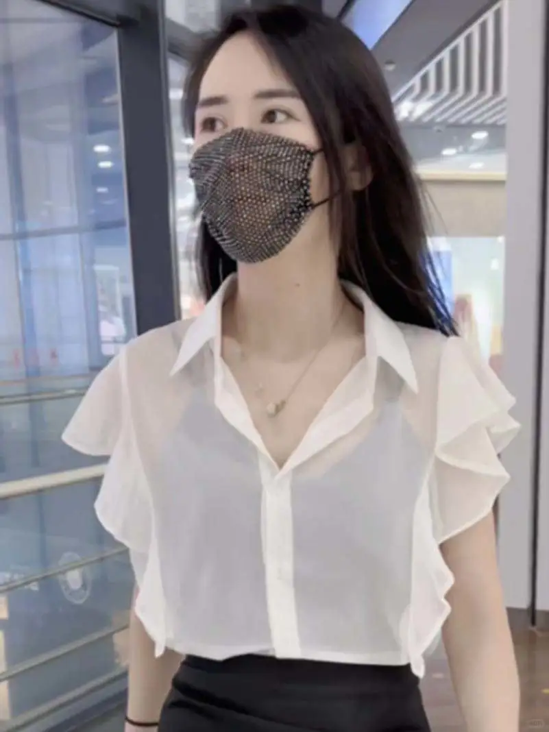 高级感法式气质透视短袖雪纺衬衫女夏木耳边