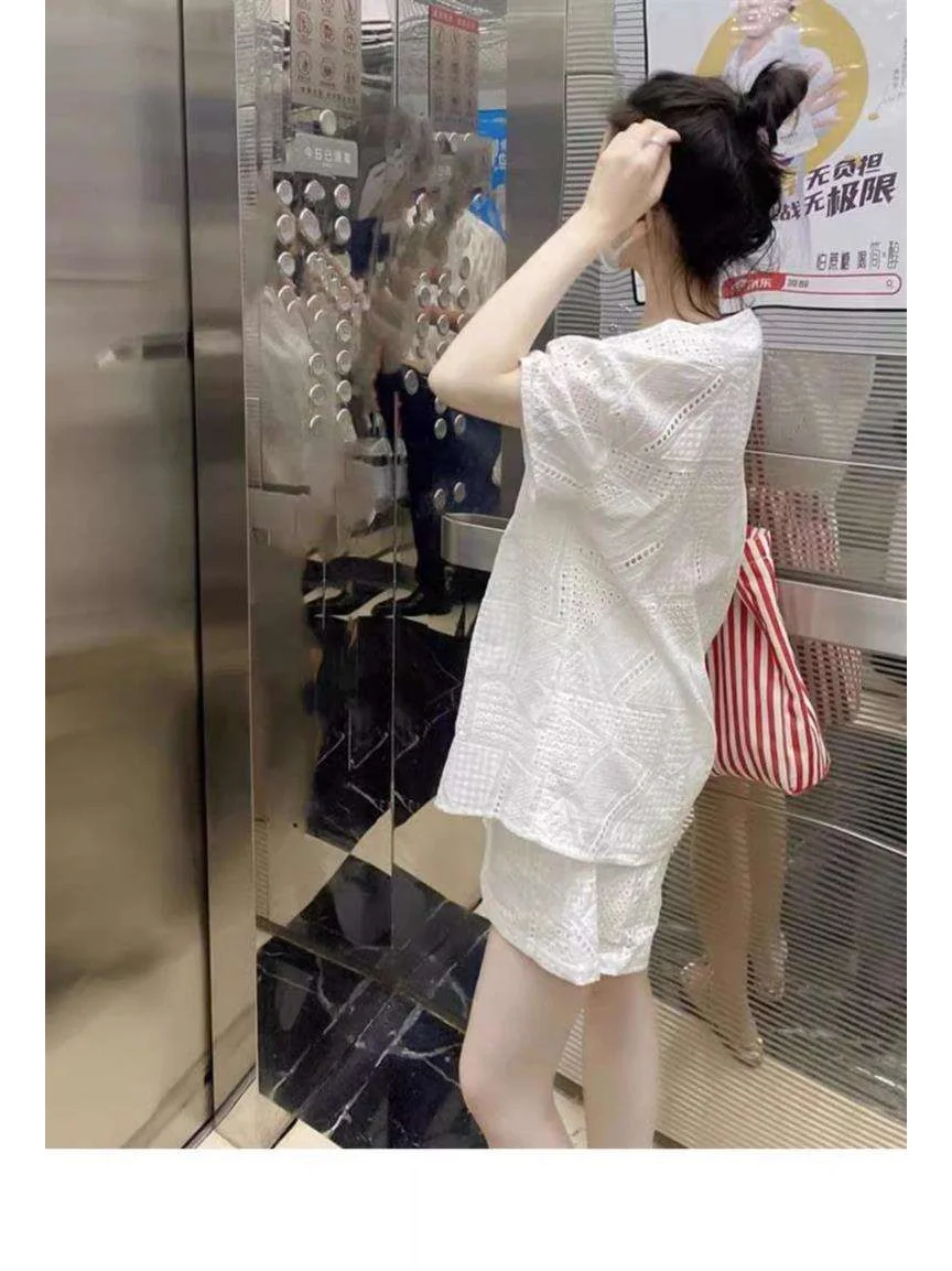 特大码300斤胖mm白色休闲套装女宽松短