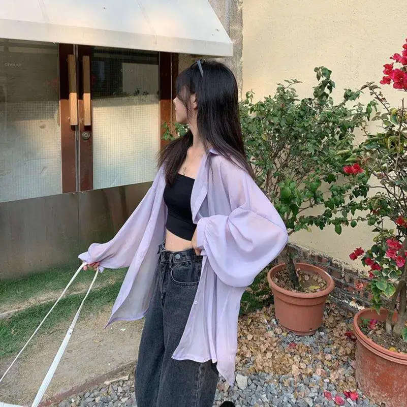白色珠光防晒衣女衬衫外套新款秋冬薄款透视
