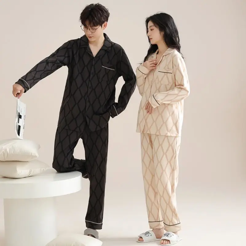 春季时尚高级纯棉长袖开衫情侣款睡衣女休闲