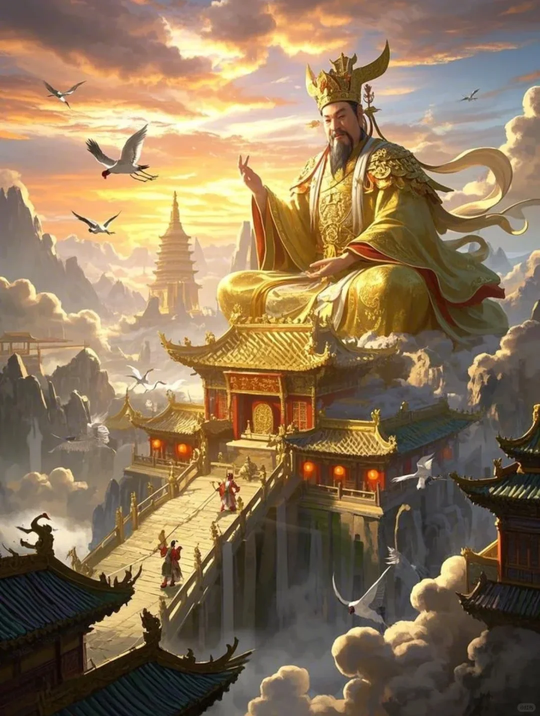 九天之上，天宫巍峨，霞光万道映照神威