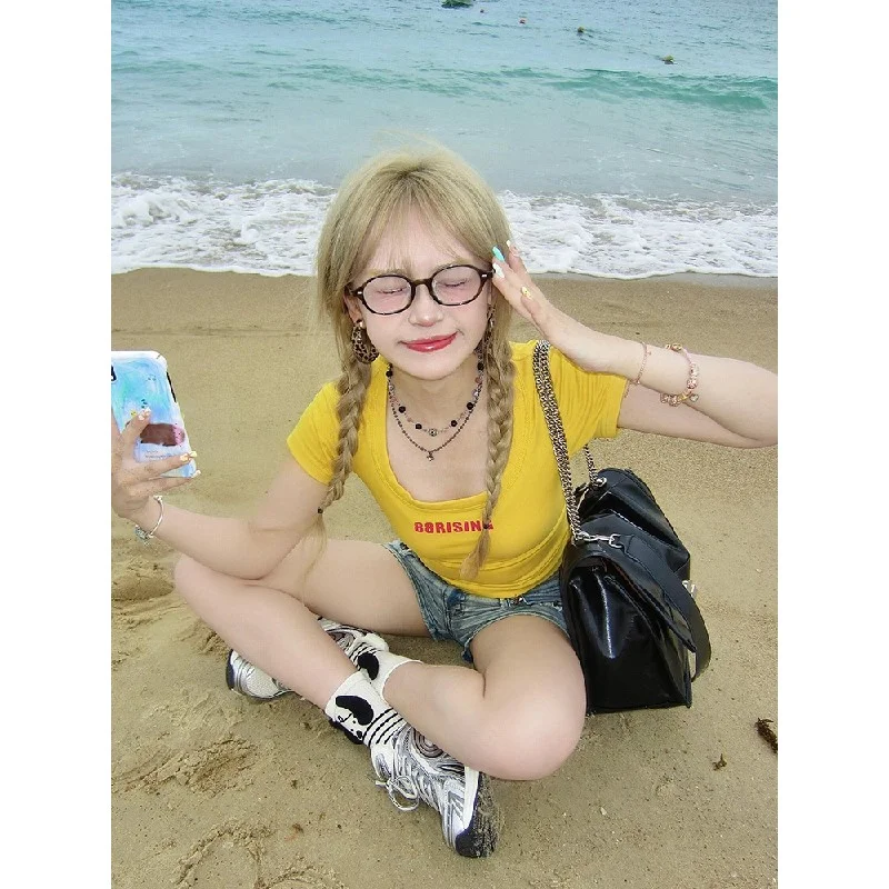 夏日美式穿搭甜辣妹U领正肩短袖t恤女夏季