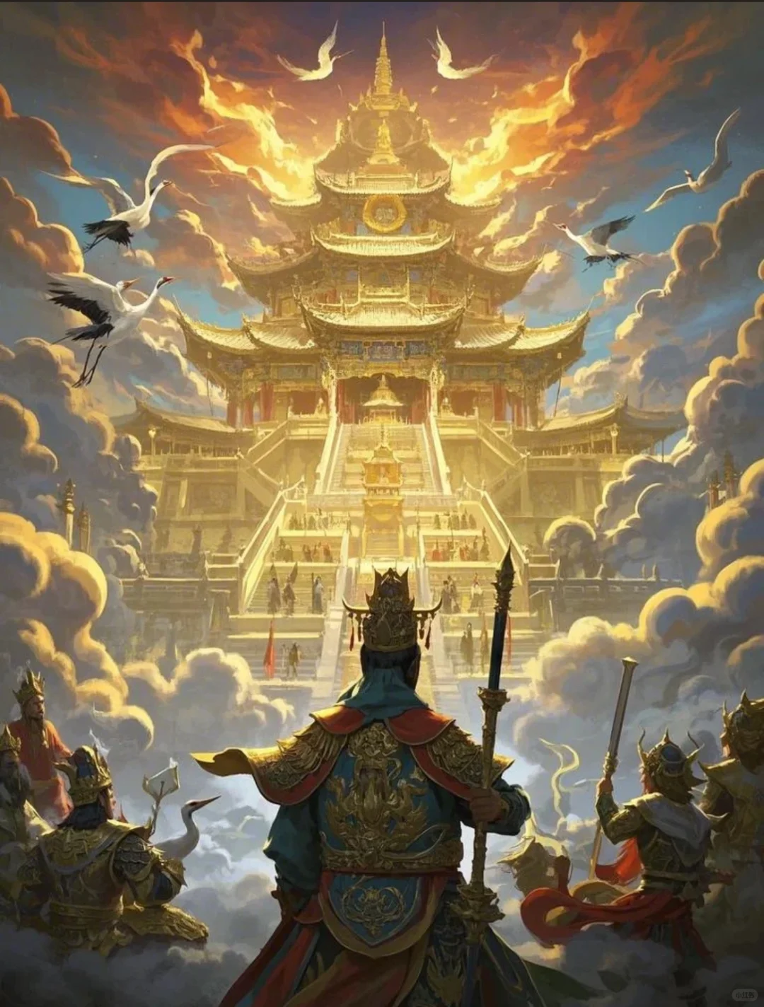 九天之上，天宫巍峨，霞光万道映照神威