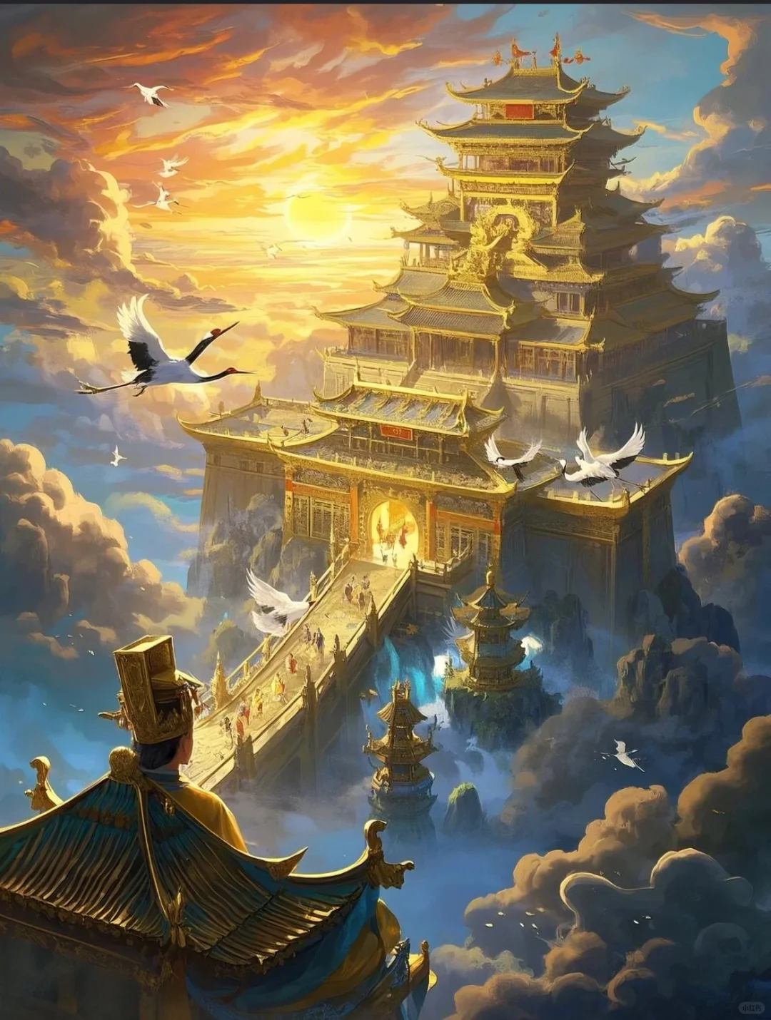 九天之上，天宫巍峨，霞光万道映照神威