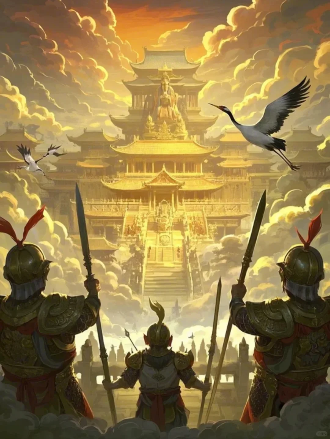 九天之上，天宫巍峨，霞光万道映照神威