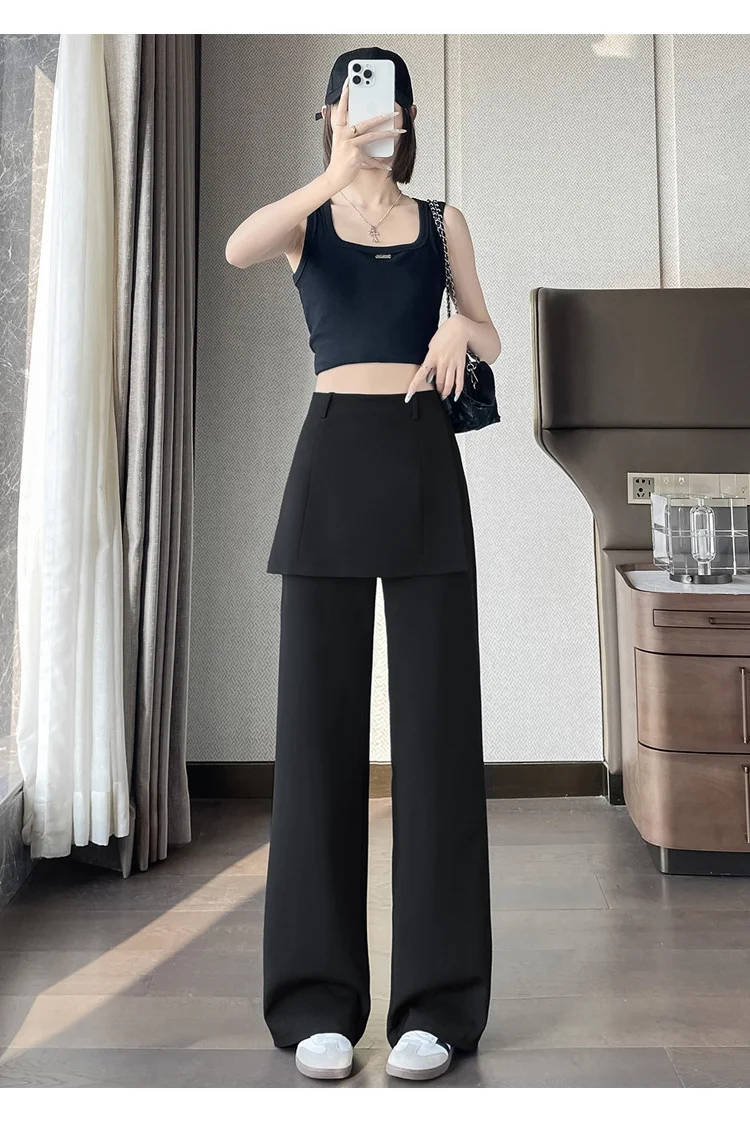 深灰色假两件休闲裤女2025夏季冰丝高腰层次