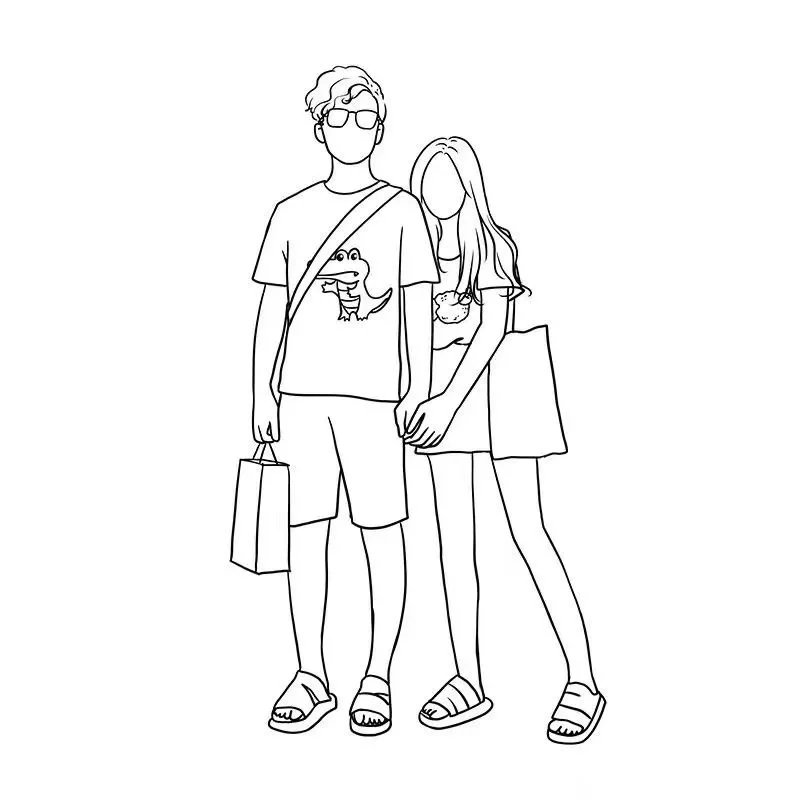 手绘头像情侣黑白线条简笔画定制
