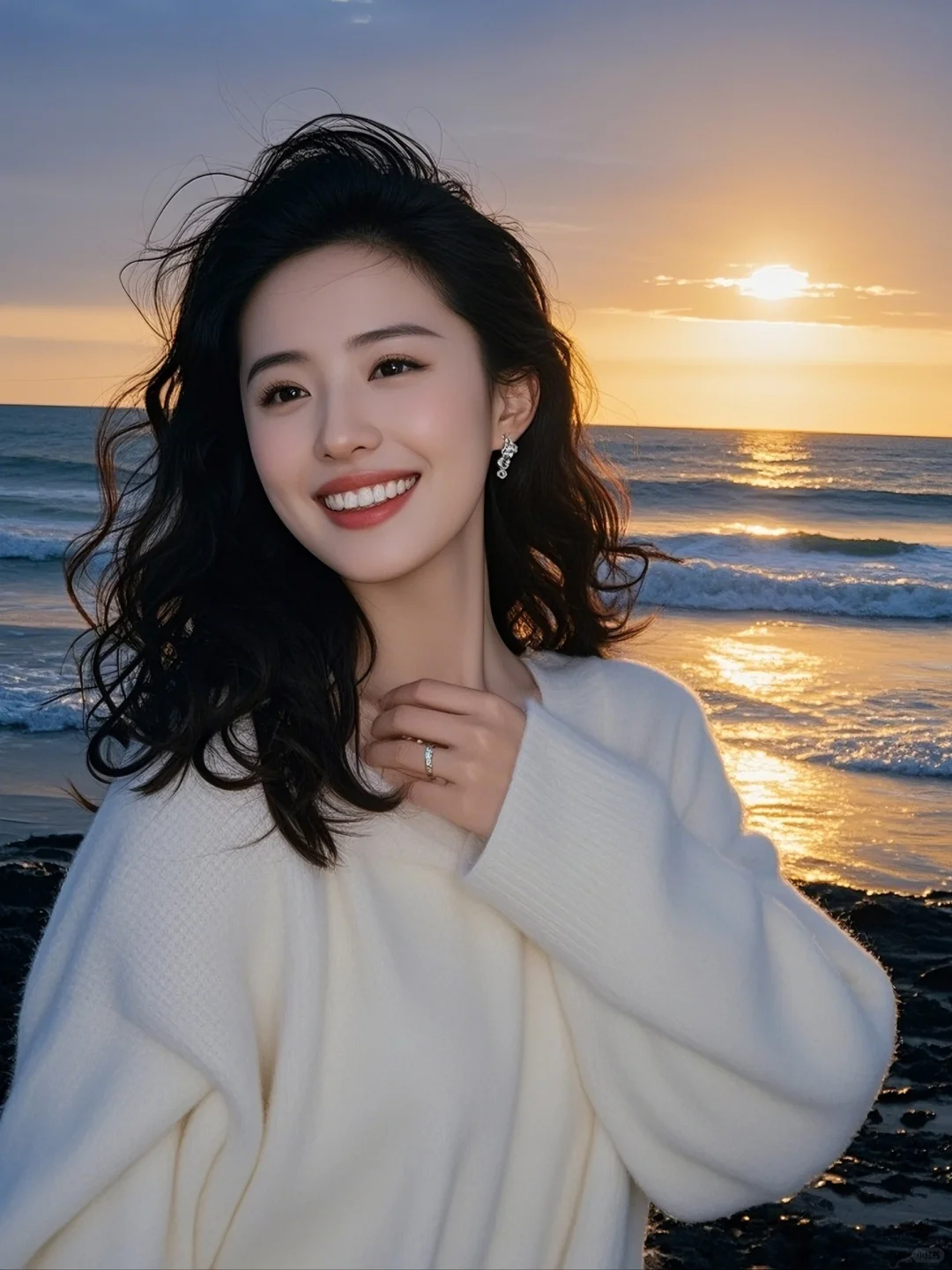 海畔白毛衣女孩，点亮时尚之光 ai美女