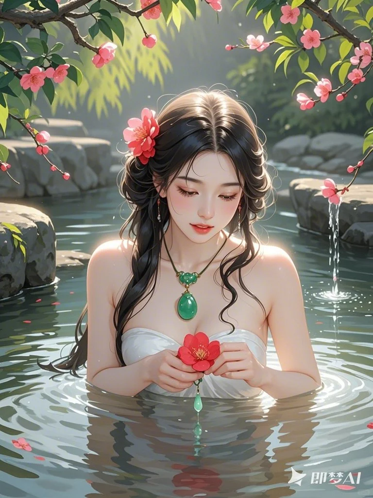 美人出浴，风含情水含笑