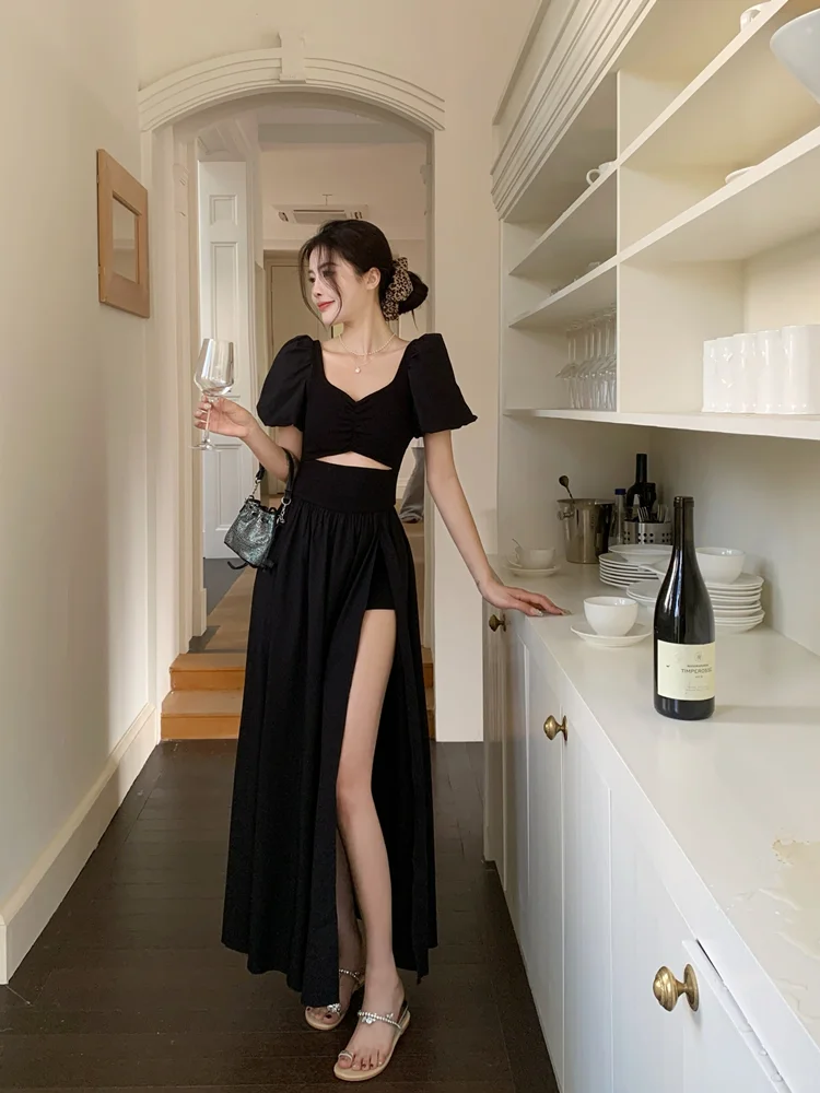微胖女生必备👗黑色开叉长裙