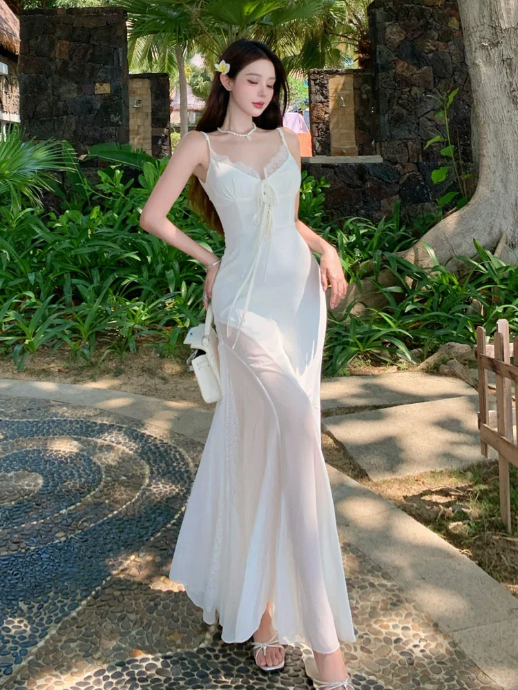 雾白清秋纯欲风绑带性感度假风连衣裙