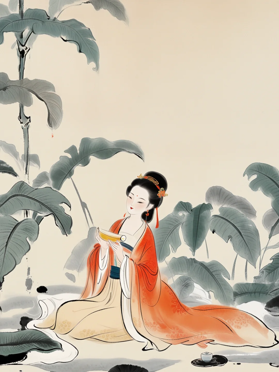 AI无骨水墨画 贵妃品茶