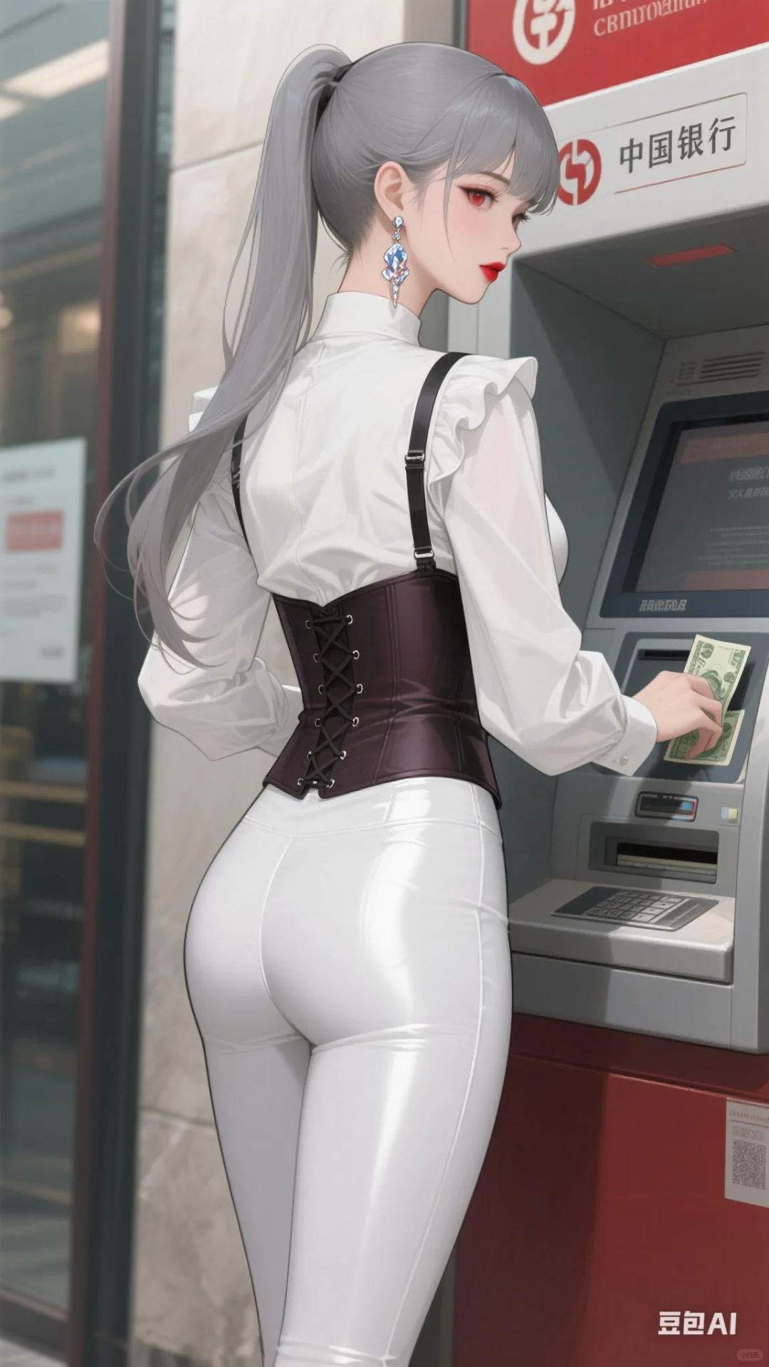 壁纸分享：正在提款机旁取钱的美女小姐姐
