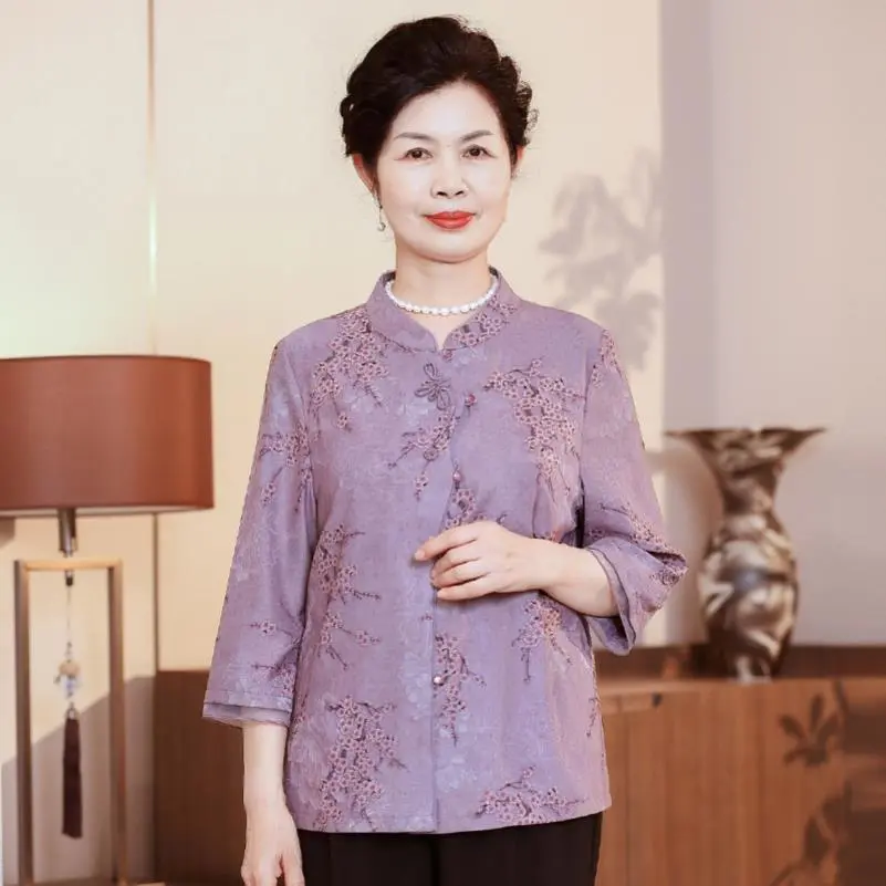 中老年春夏装新中式妈妈国风衬衫女时尚夏季
