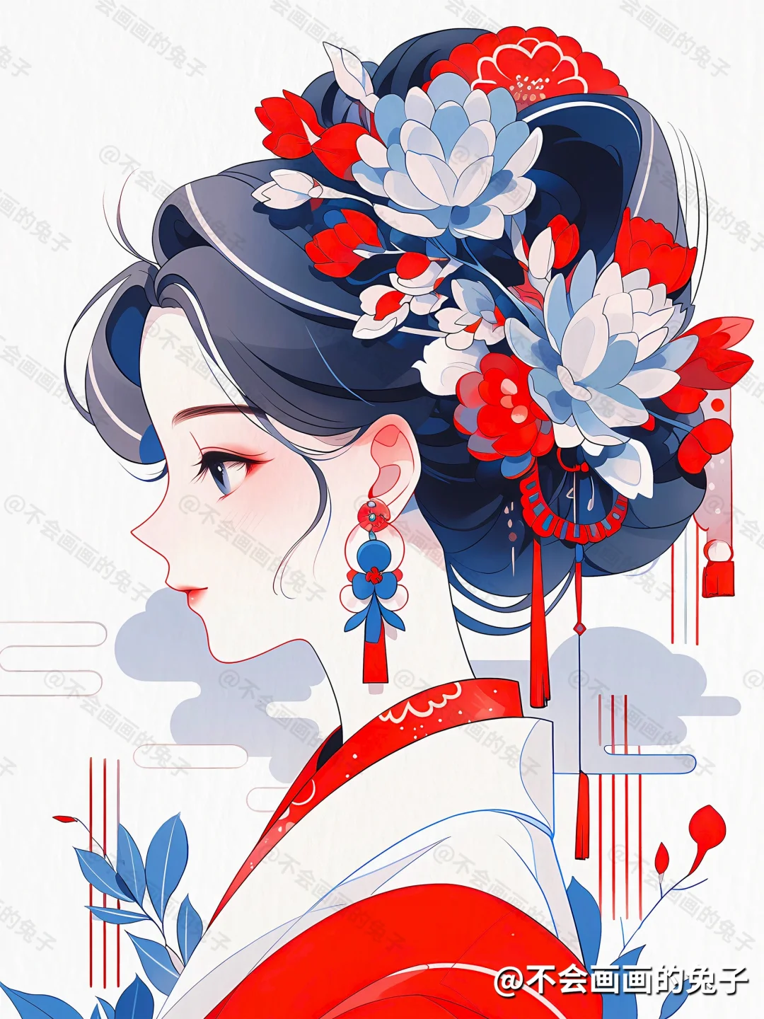 线稿分享｜国风水彩👉右划帮我一键上色🎨