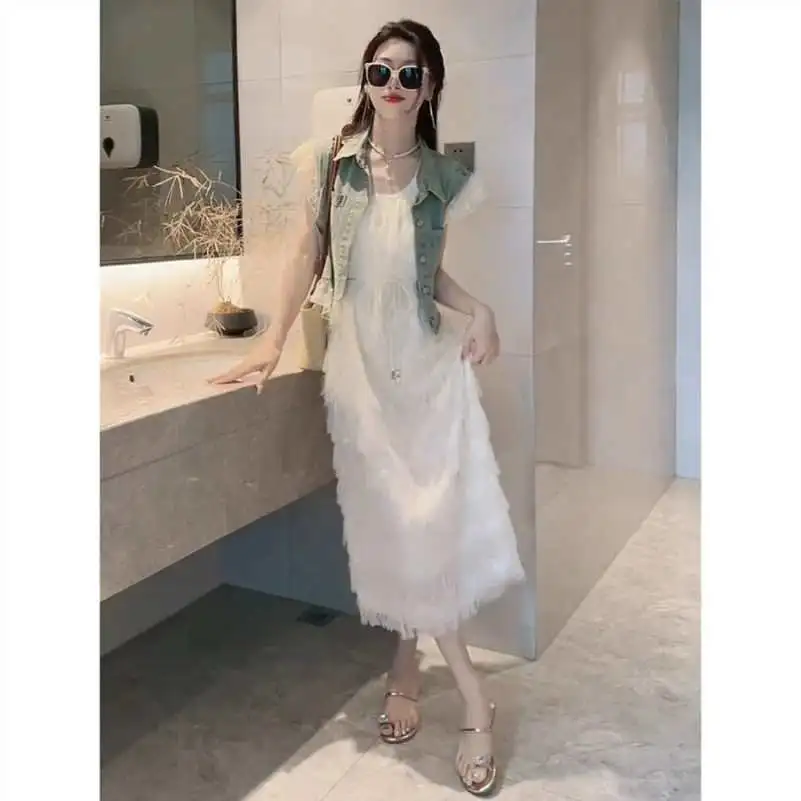 夏装搭配一整套女时尚设计感蕾丝拼接牛仔外