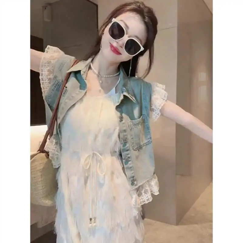 夏装搭配一整套女时尚设计感蕾丝拼接牛仔外