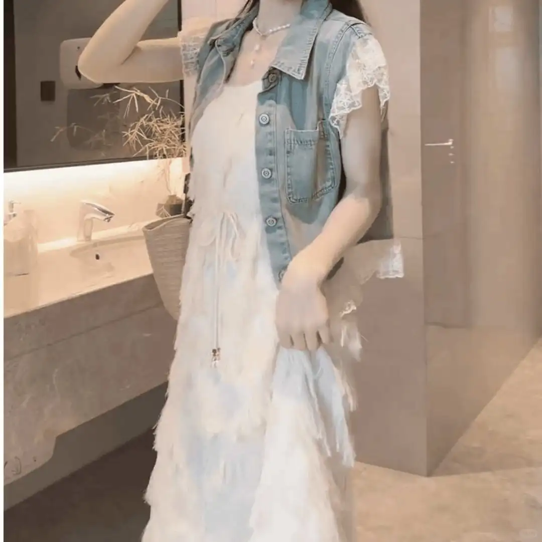 夏装搭配一整套女时尚设计感蕾丝拼接牛仔外