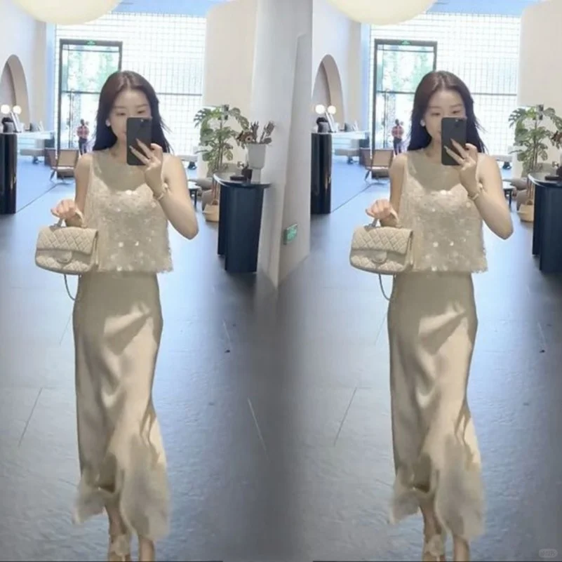 法式高级感时尚套装女夏季小香风亮片无袖上