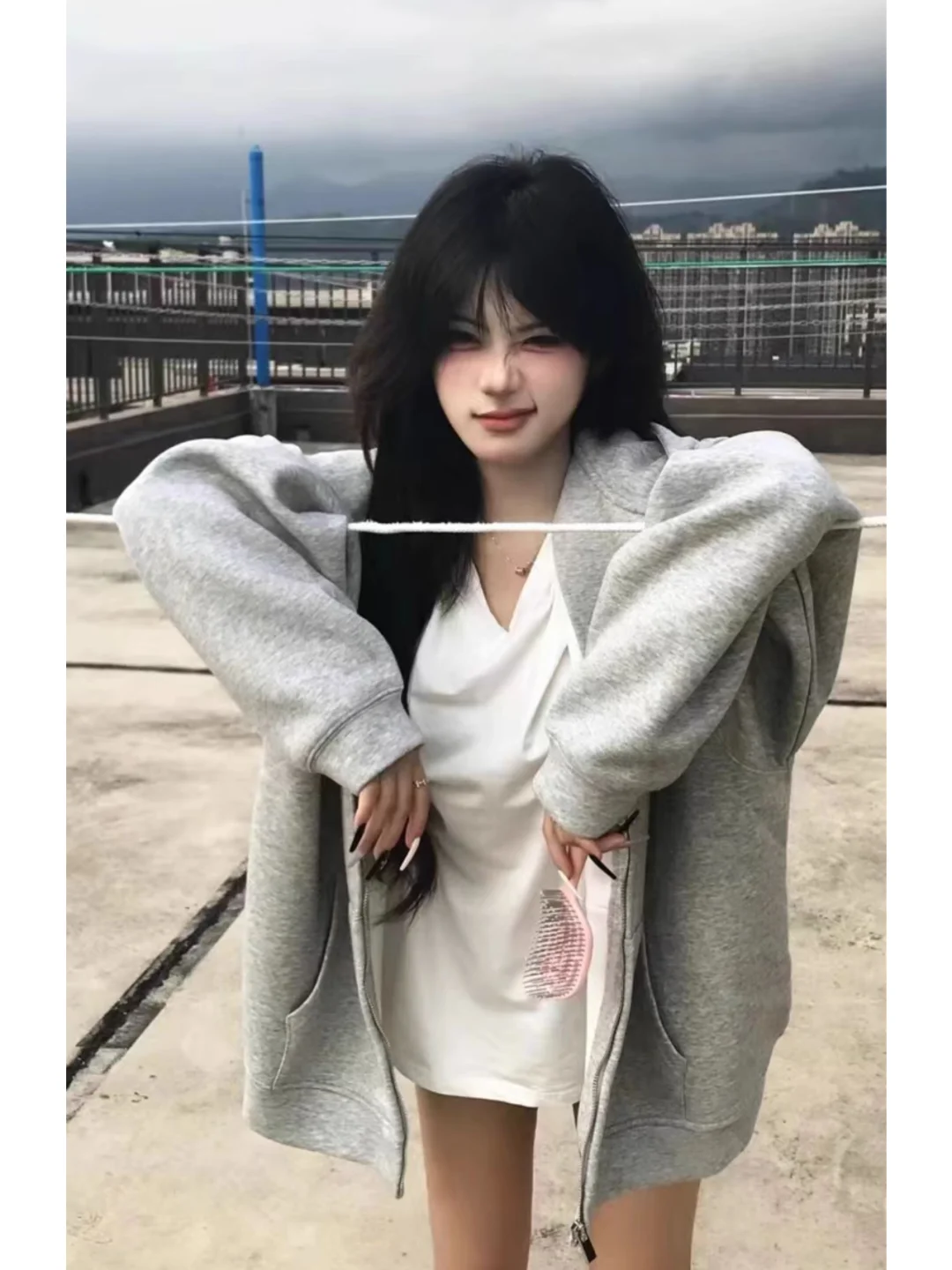 美式复古街头连帽卫衣女春秋oversiz