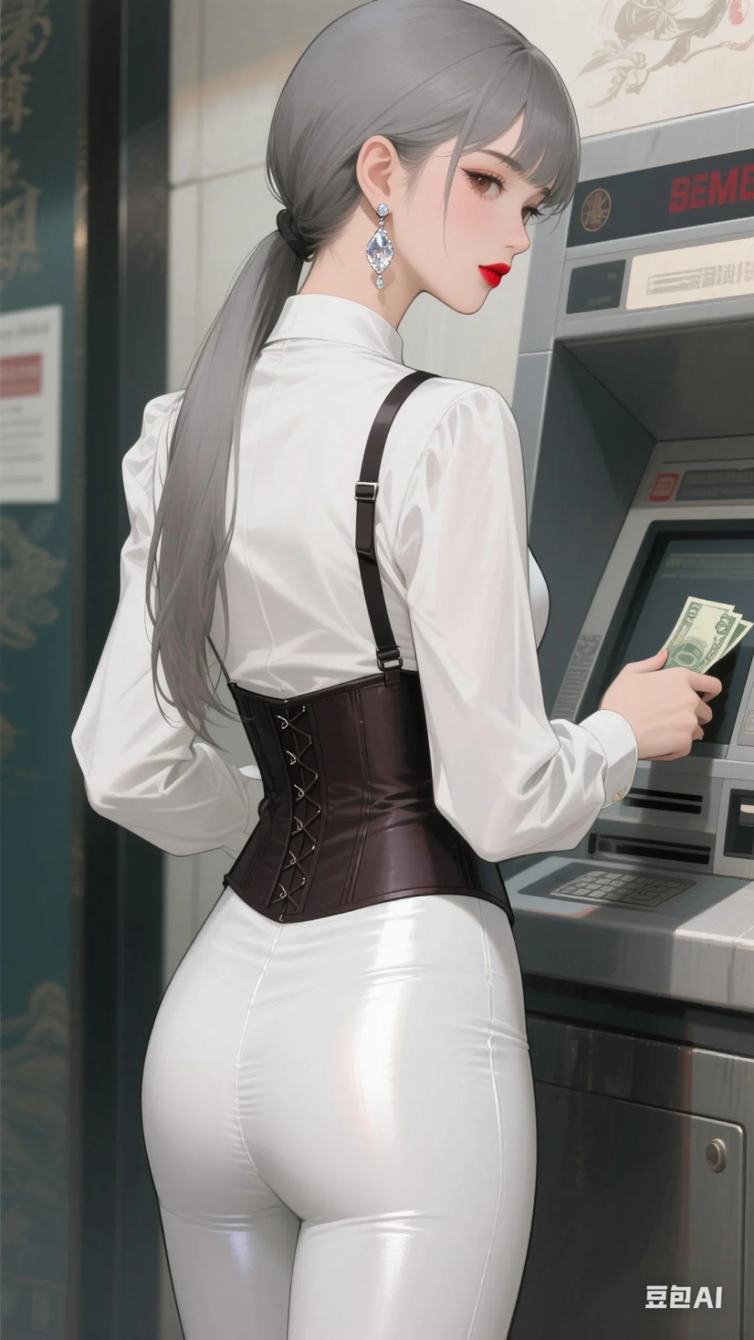壁纸分享：正在提款机旁取钱的美女小姐姐