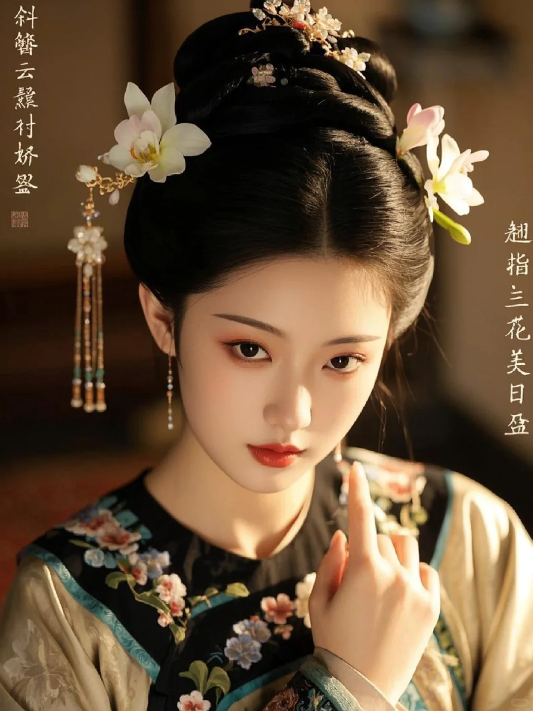 斜簪云鬓衬娇容，翘指兰花美目盈