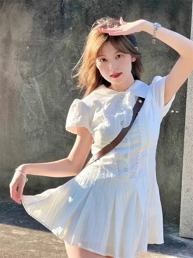 白色学院风Polo领连衣裙子女夏季202