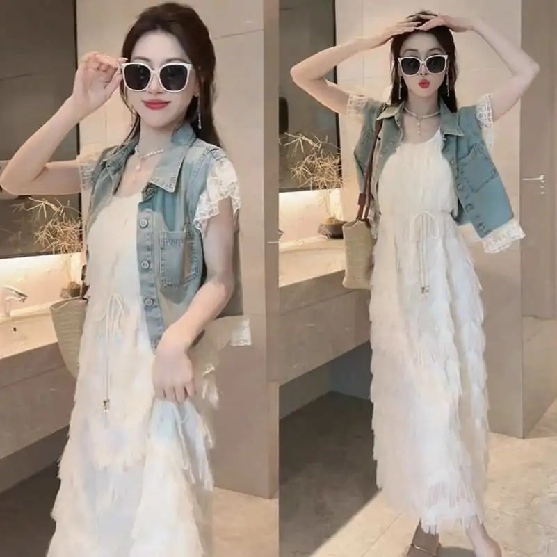 夏装搭配一整套女时尚设计感蕾丝拼接牛仔外