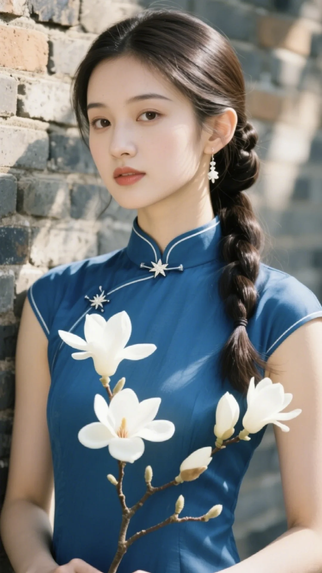 蓝色旗袍，玉兰点缀，美到心颤