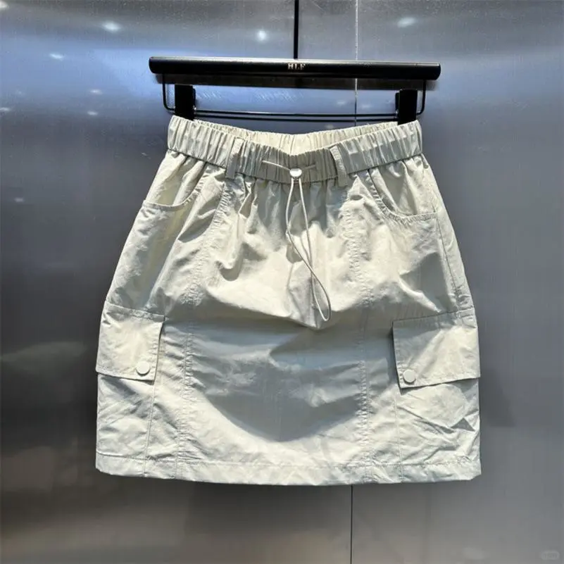 多口袋抽绳松紧腰休闲工装短裙女夏季薄款防