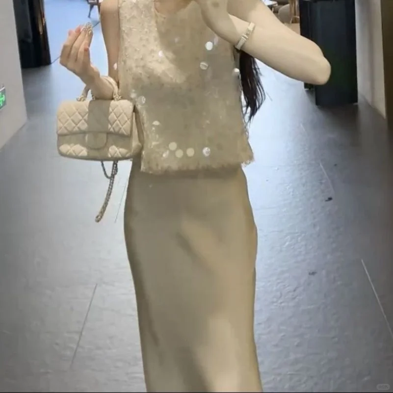 法式高级感时尚套装女夏季小香风亮片无袖上