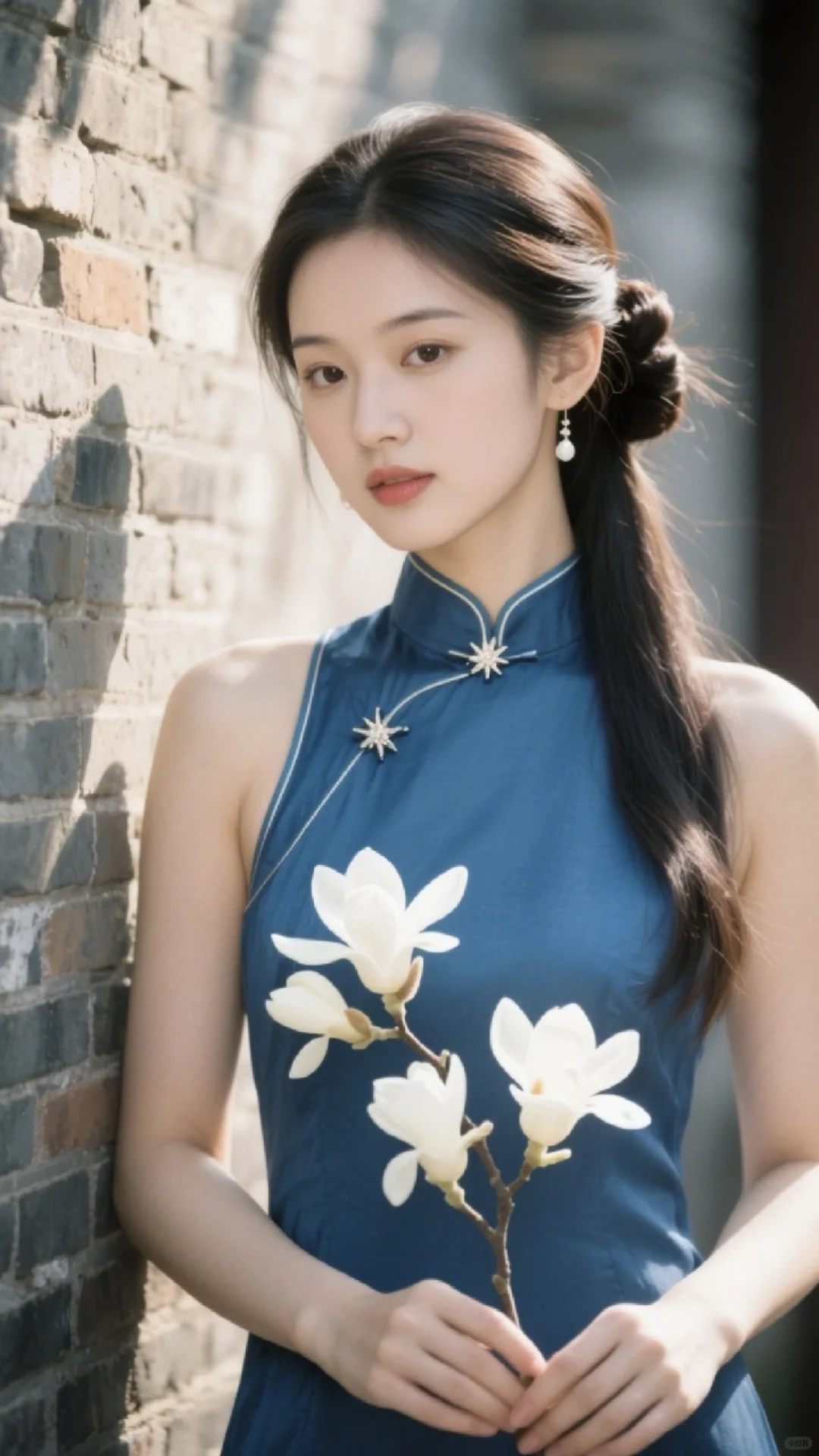 蓝色旗袍，玉兰点缀，美到心颤