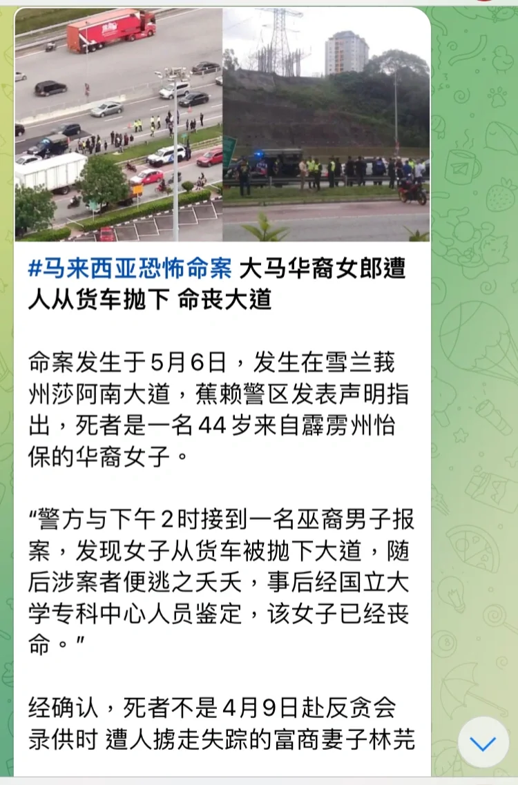 马来西亚华裔女郎遭人从货车抛下命丧大道